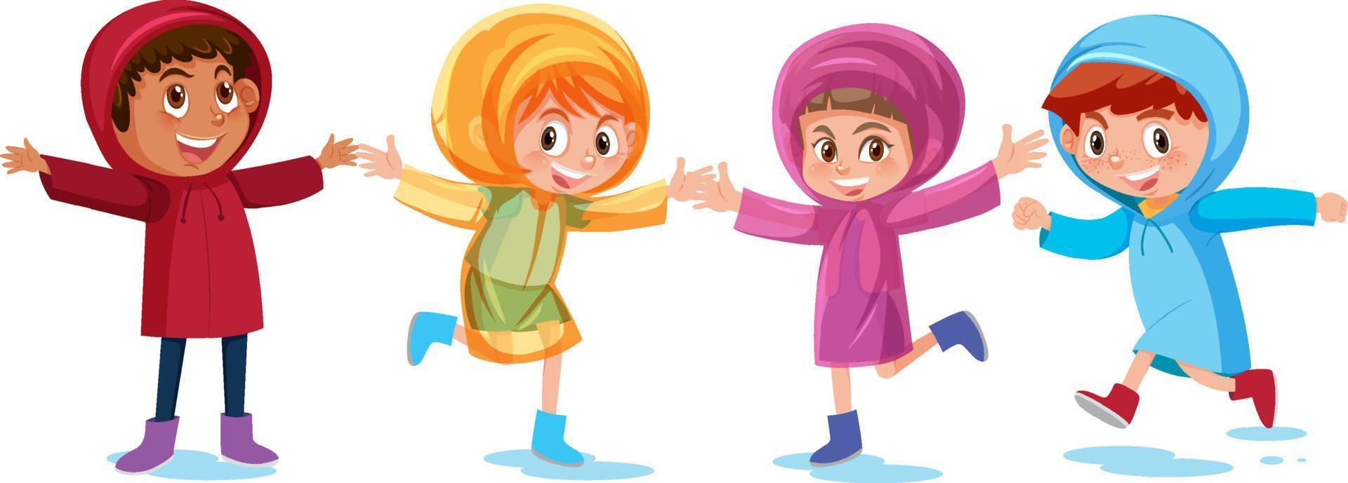 Four kids wearing raincoat vector