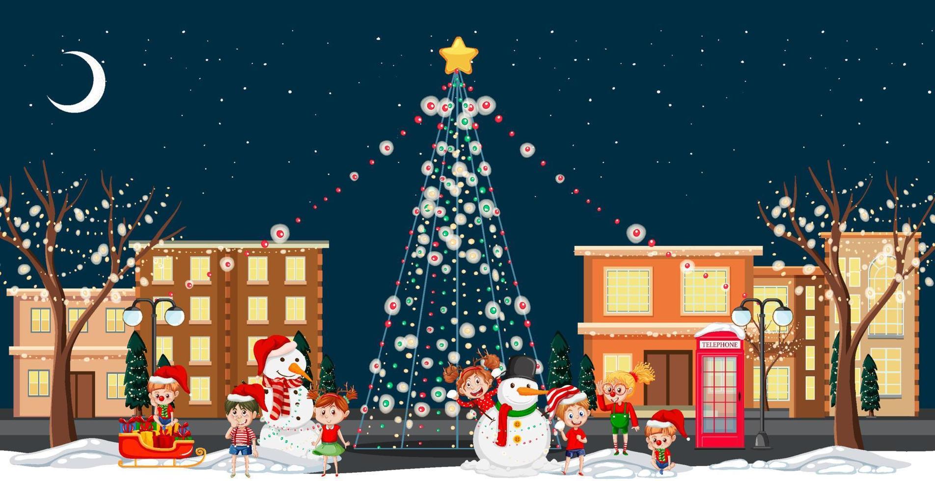 Children celebrating Christmas in the town at night scene vector