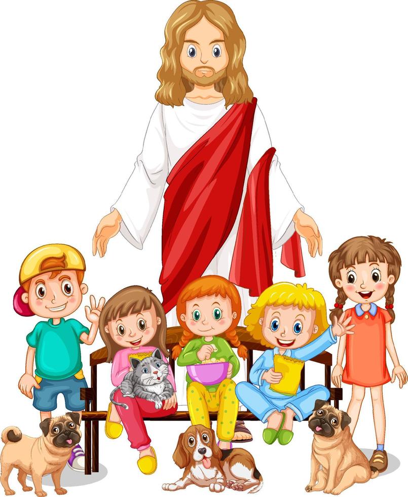 Jesus and children on white background vector