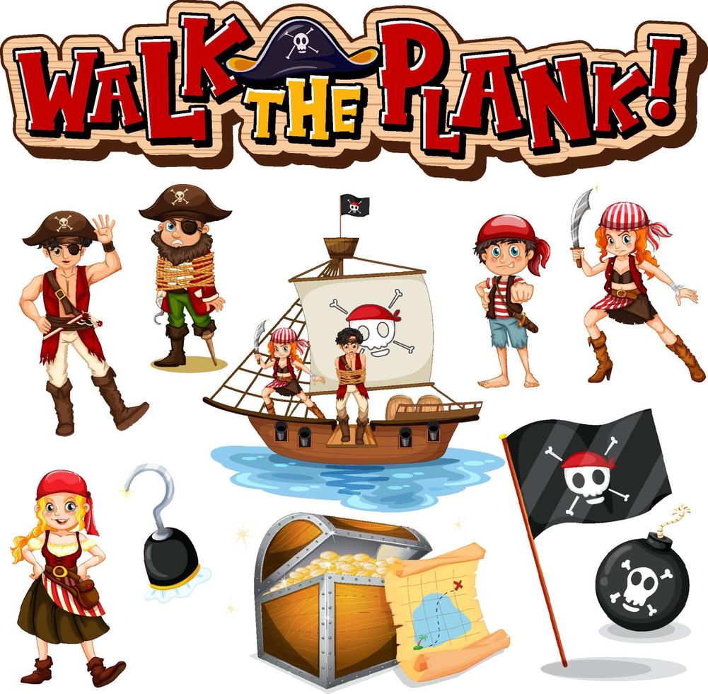 conjunto de personajes y objetos de dibujos animados piratas vector