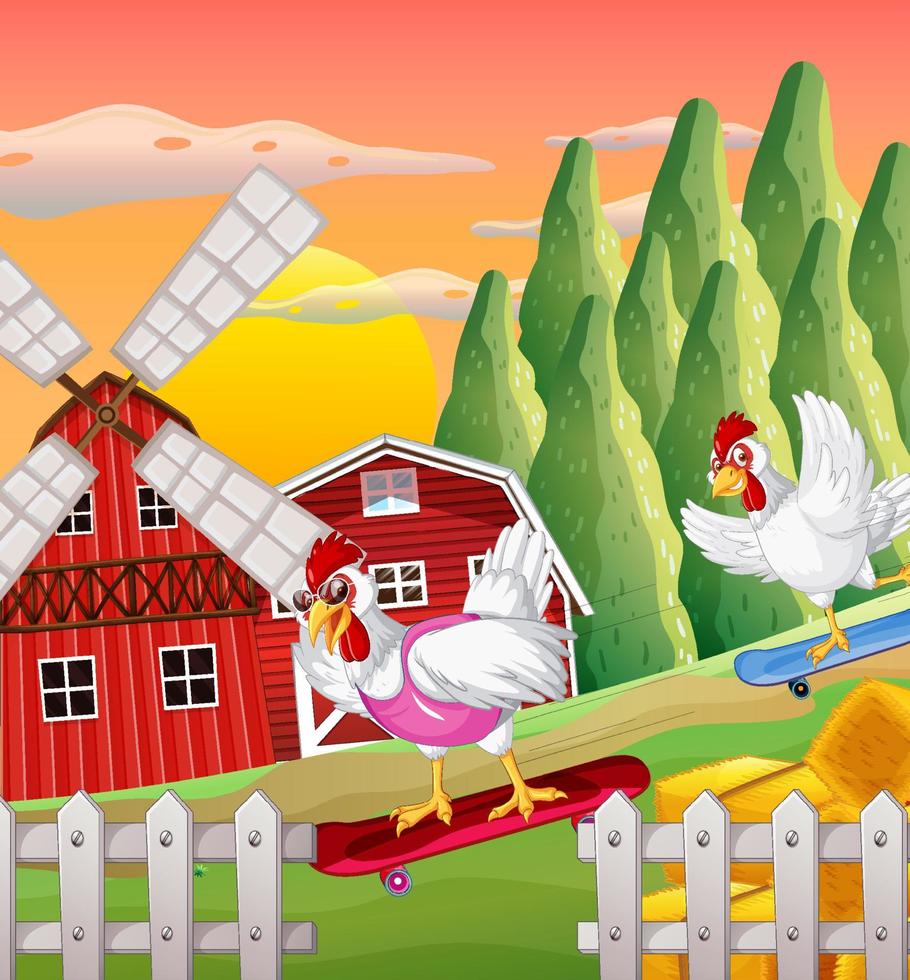 Farm scene with chicken riding on skateboard vector