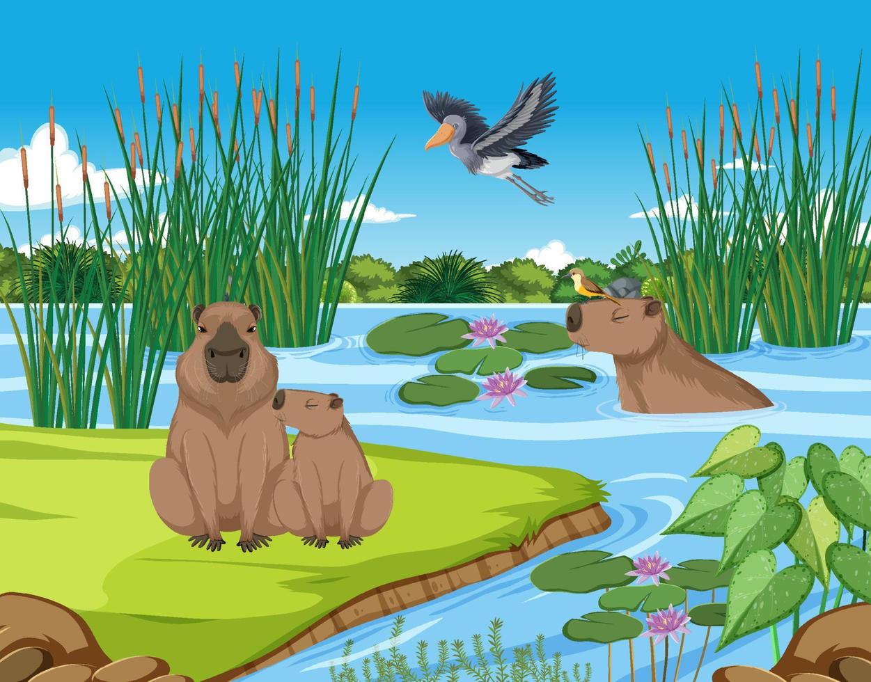 muchos animales junto al río vector