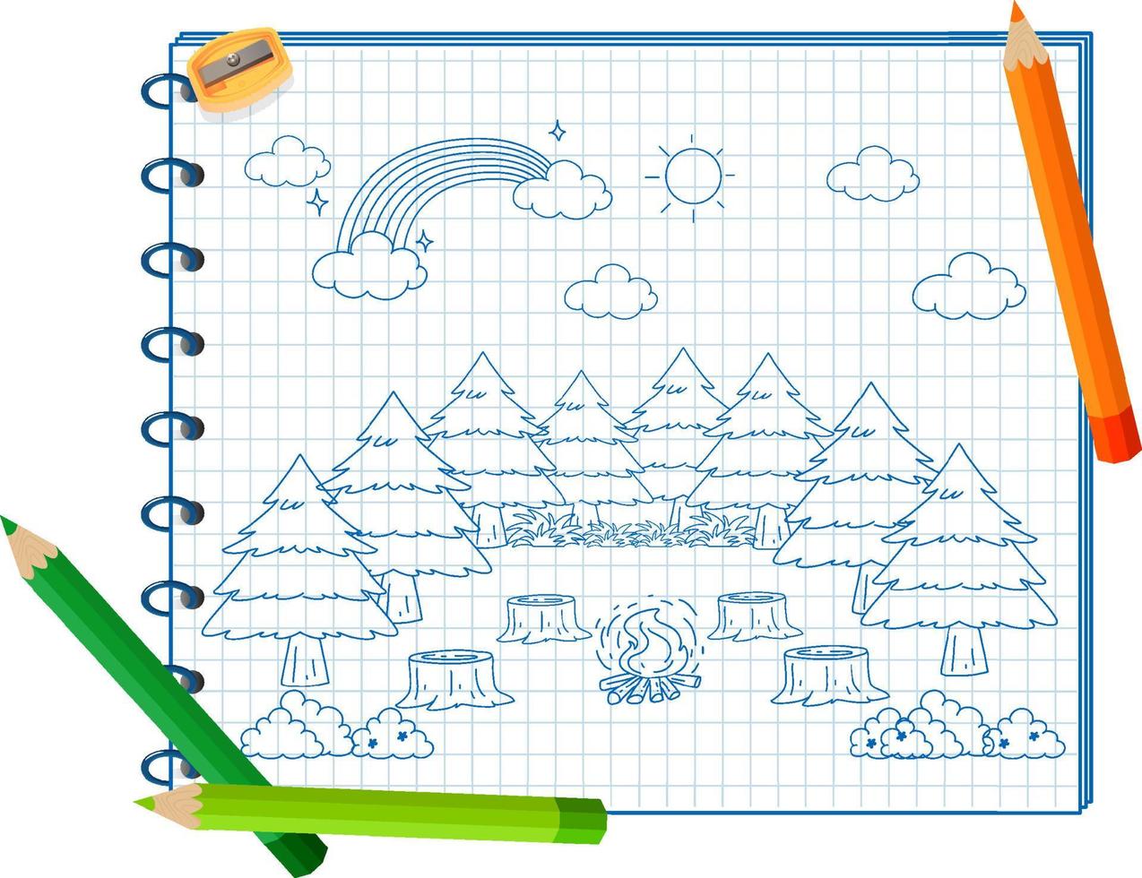 A notebook with a doodle sketch design and colour pencils vector