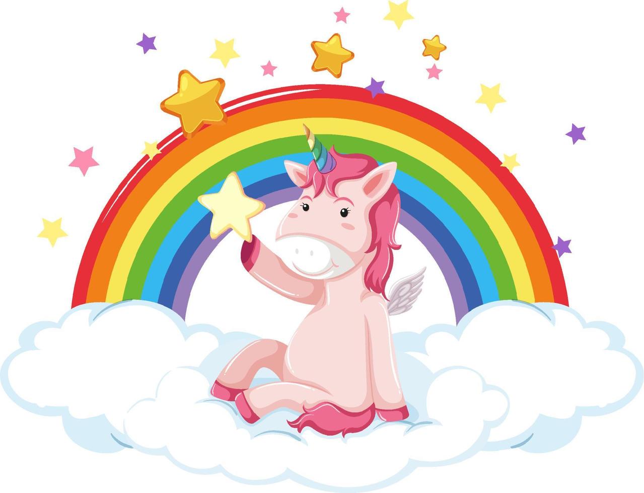 personaje de dibujos animados de unicornio rosa sentado en una nube con arco iris vector