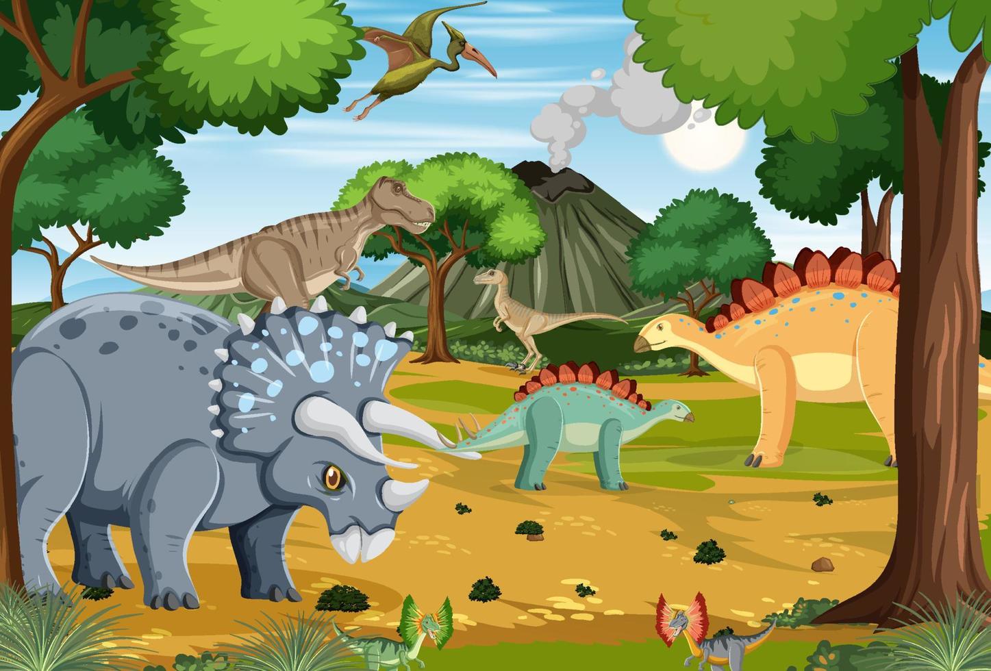 dinosaurio en la escena del bosque prehistórico vector