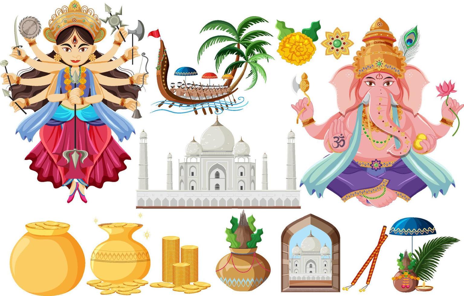 Indian set with gods and offerings vector