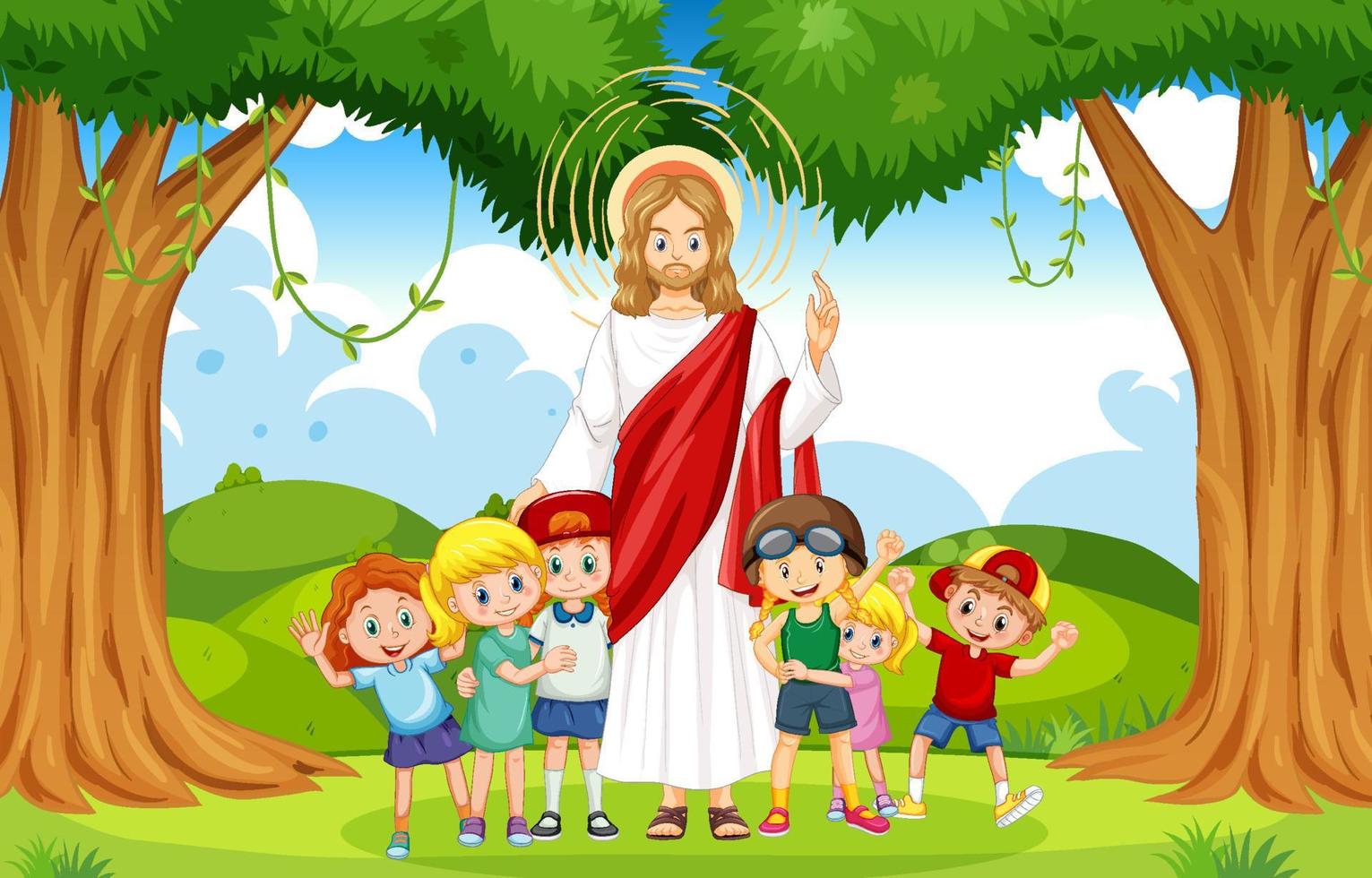 Jesus and children at the park vector