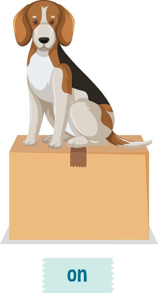 Prepostion wordcard design with dog on box vector