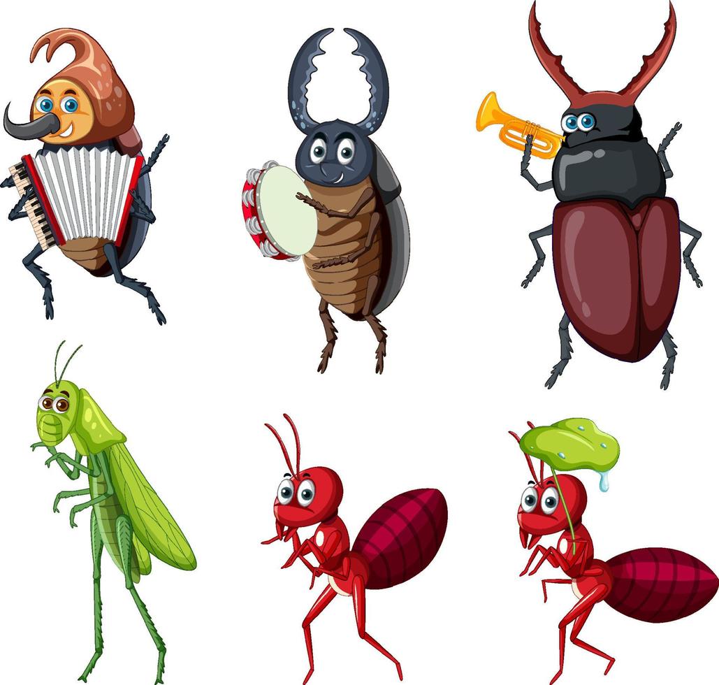 conjunto de diferentes insectos y escarabajos en estilo de dibujos animados vector