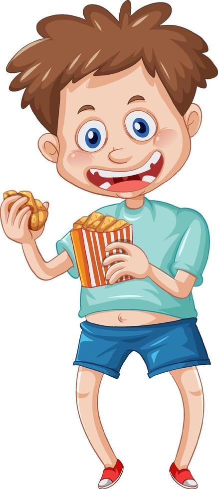A boy eating fast food on a white background vector