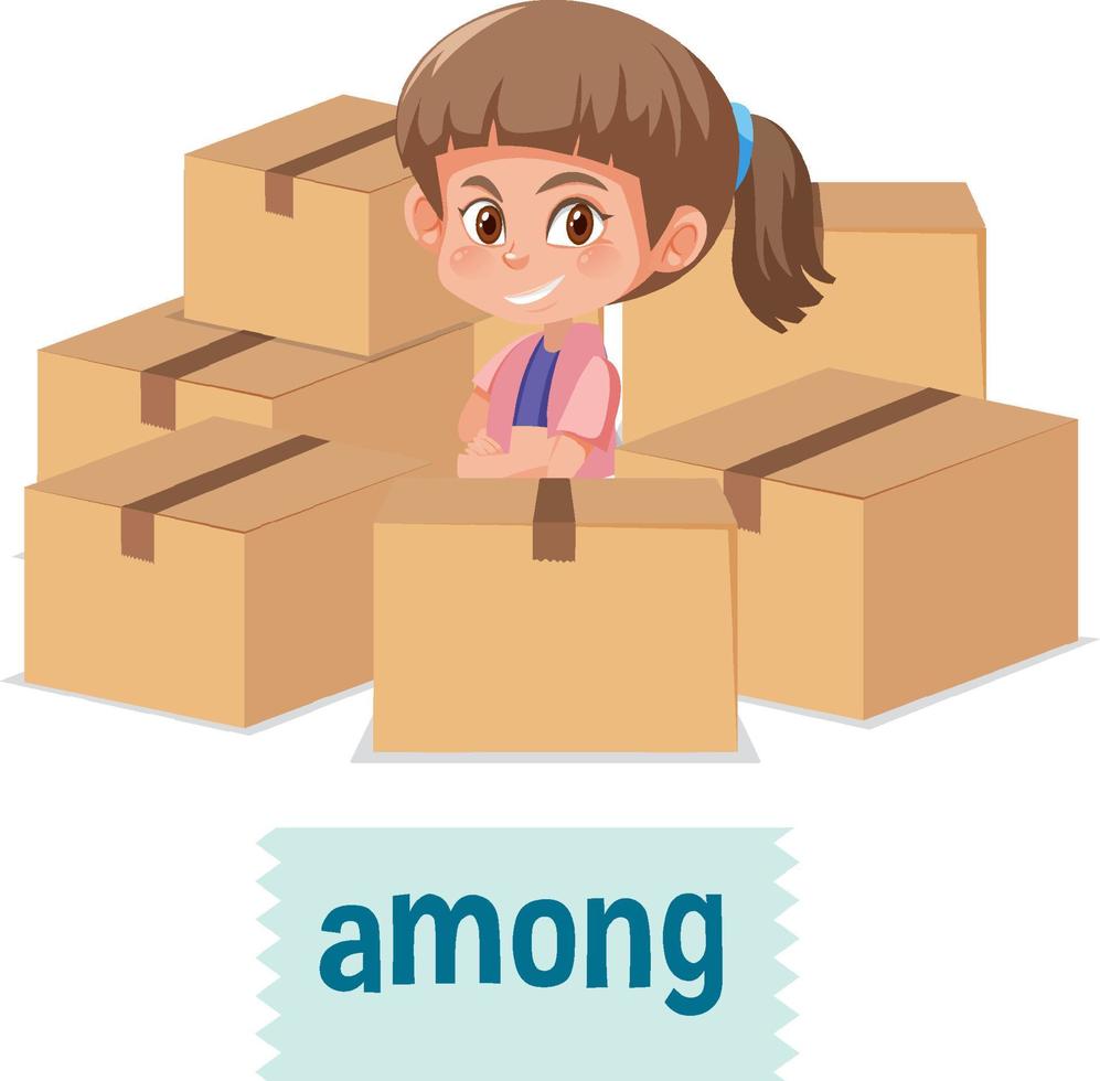 Preposition of place with cartoon girl and a box vector