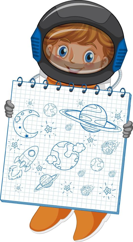 un astronauta sosteniendo un cuaderno con un diseño de boceto de garabato sobre fondo blanco vector