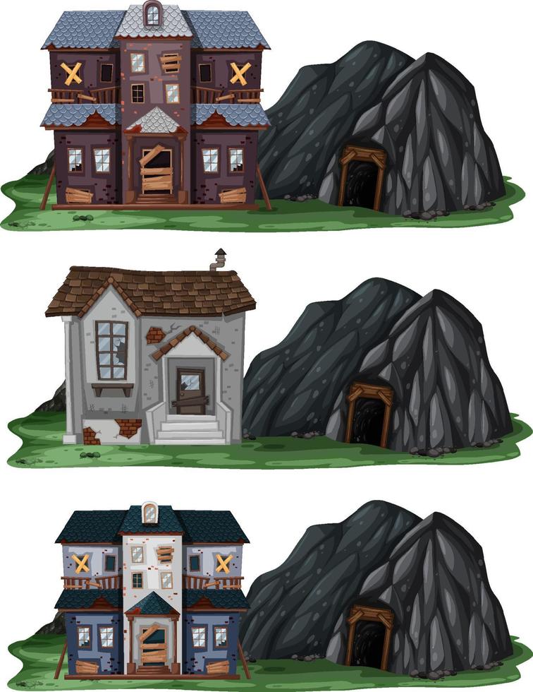 Conjunto de diferentes casas abandonadas con cueva de roca. vector