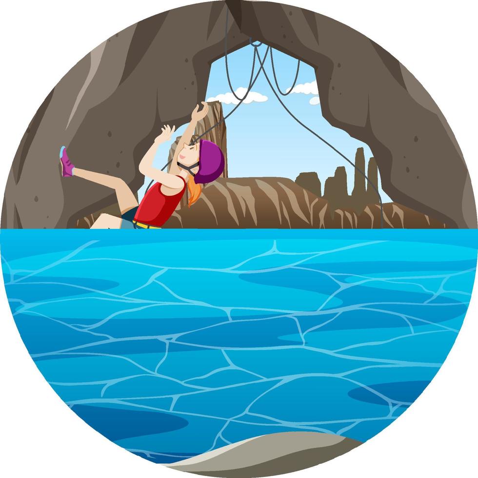 Scene with people climbing rocky moutain on circle artboard vector