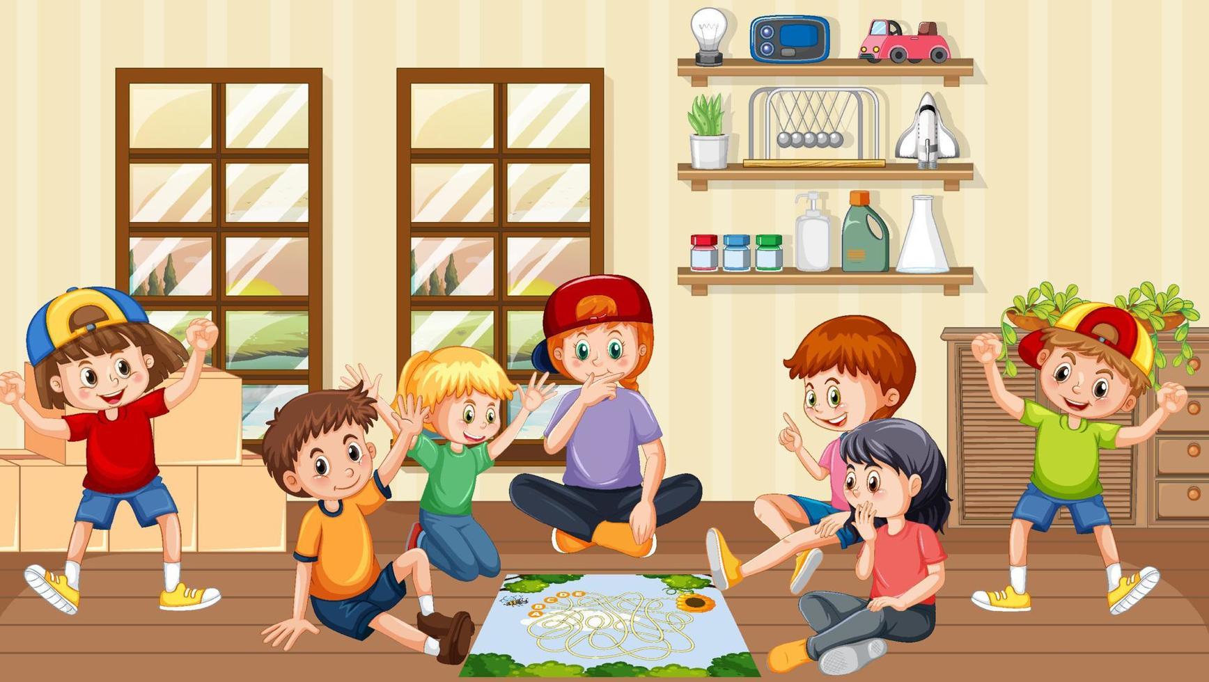 niños jugando juegos en la habitación vector