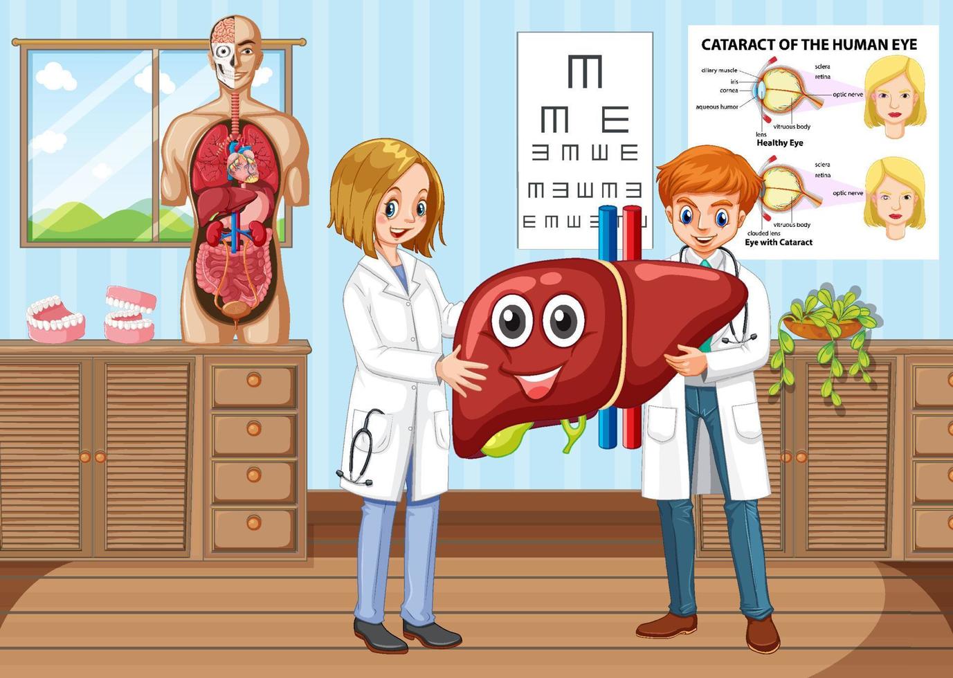 escena de la habitación con un médico sosteniendo hígado en estilo de dibujos animados vector