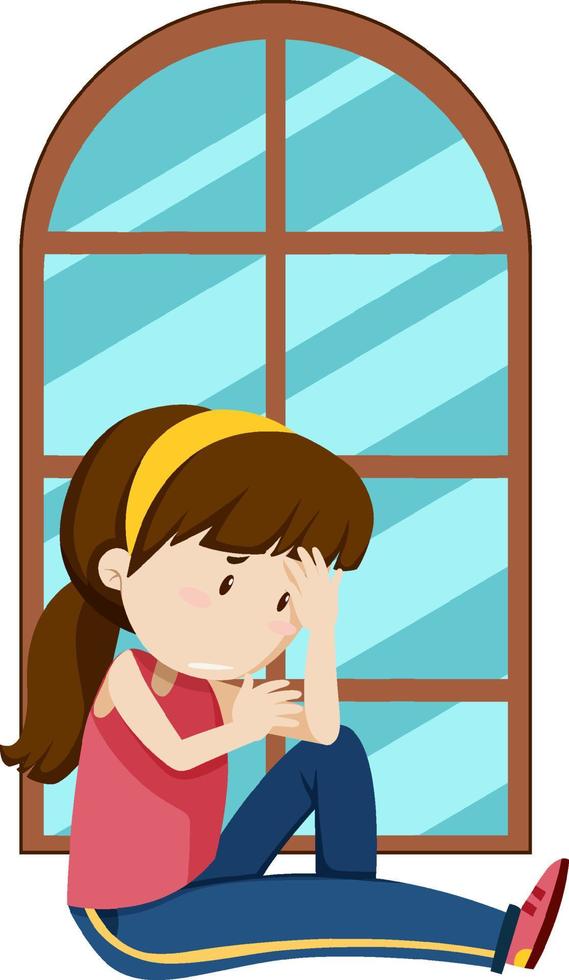 Sad girl sitting by the window vector