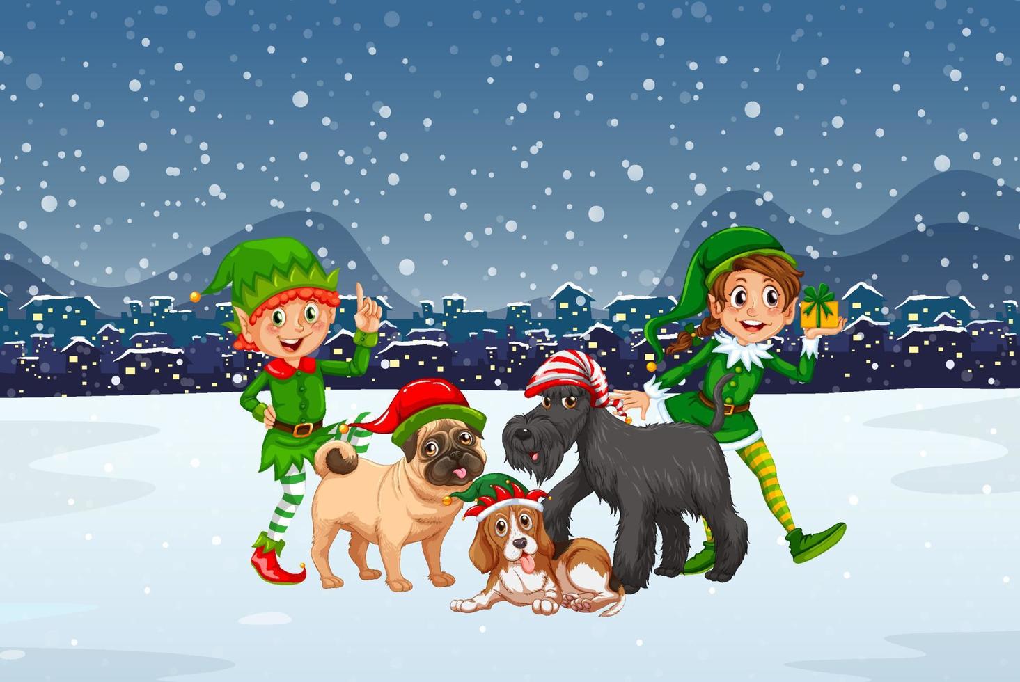 noche de invierno nevada con duendes navideños y perros vector