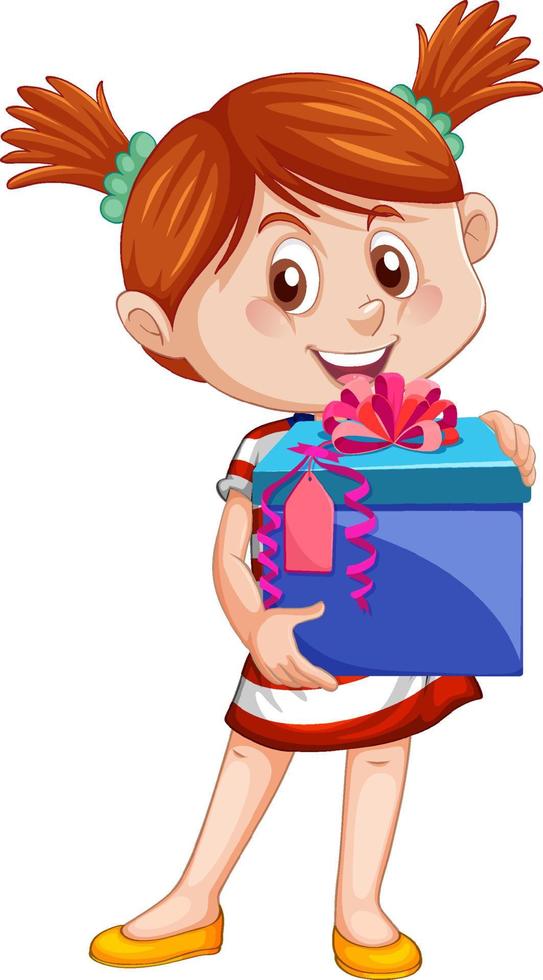 una niña sosteniendo un personaje de dibujos animados de caja de regalo sobre fondo blanco vector