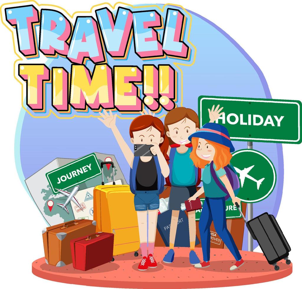 logotipo de tipografía de tiempo de viaje con grupo de viajeros vector