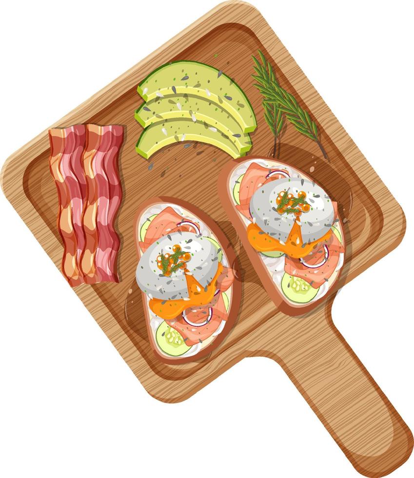 Top view food, egg benedict  on wood plate on white background vector