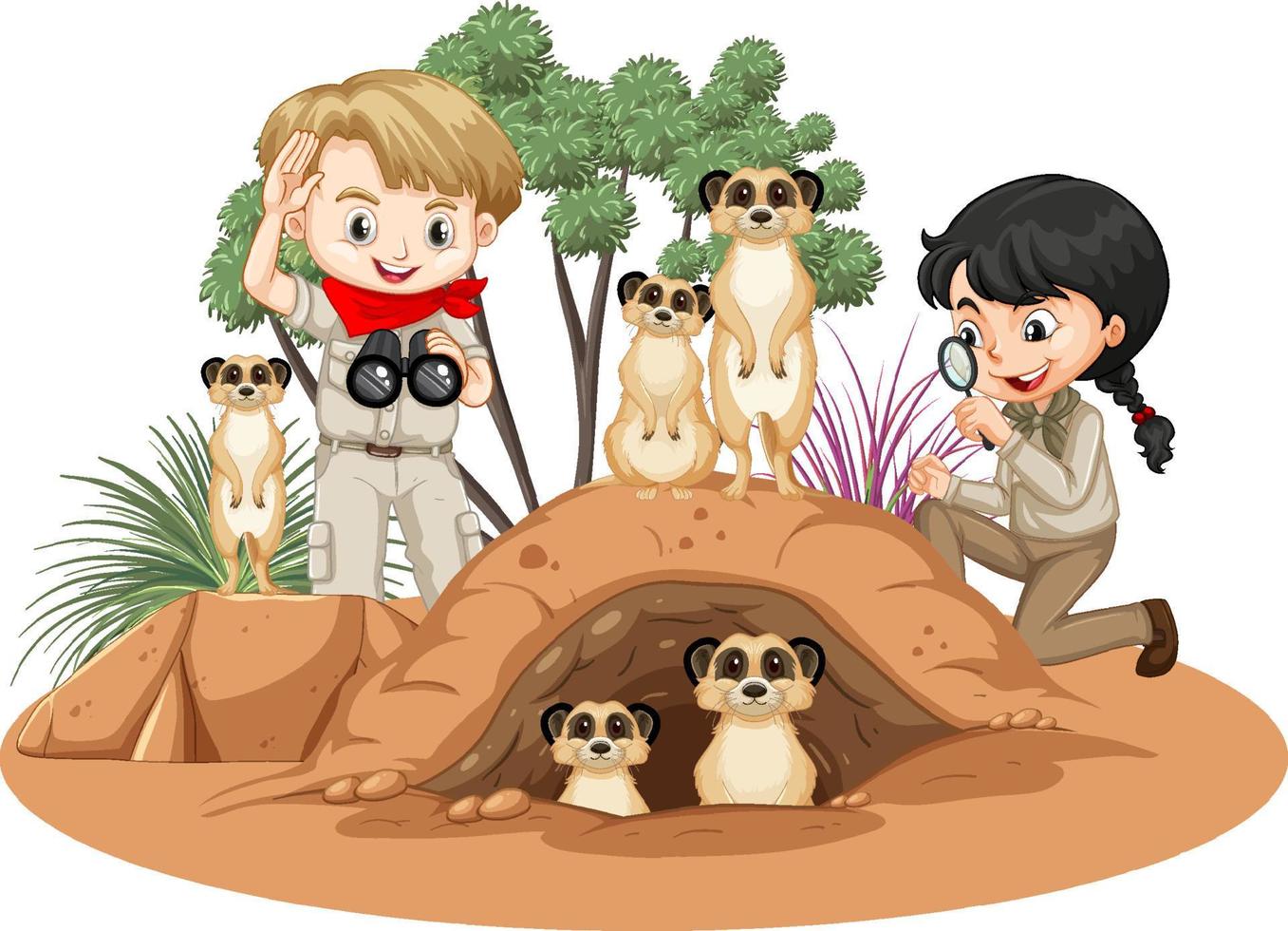 Isolated savanna forest with explorer kids and meerkat vector