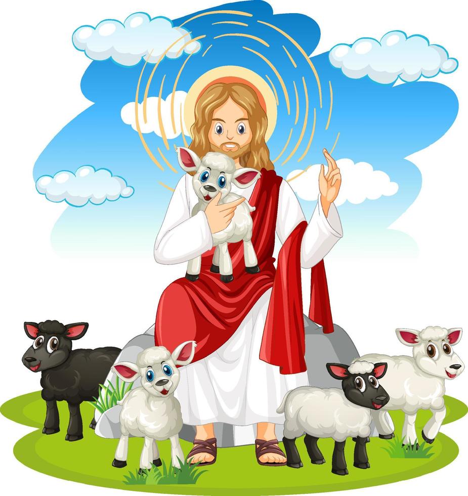 jesus y animales en estilo de dibujos animados vector