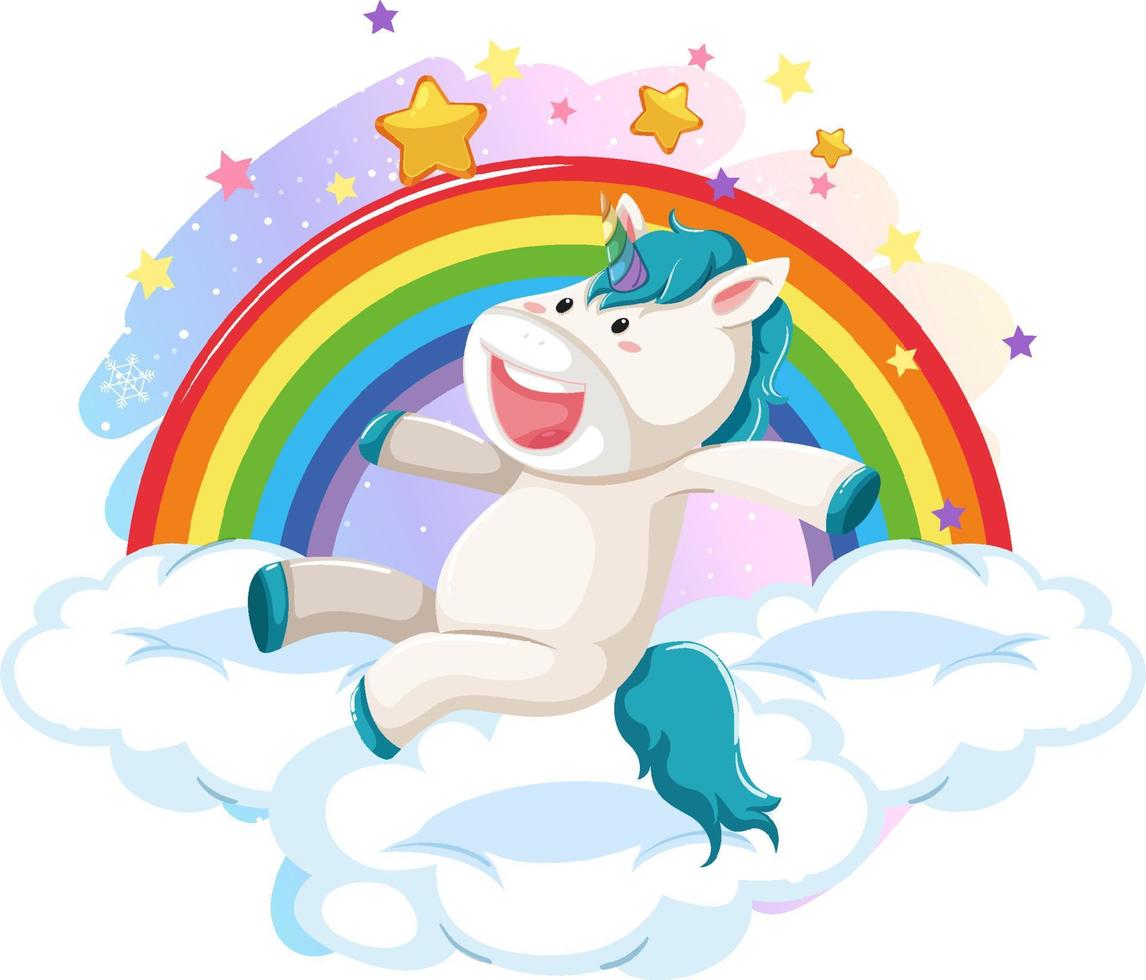 Blue unicorn jumping on a cloud with rainbow vector