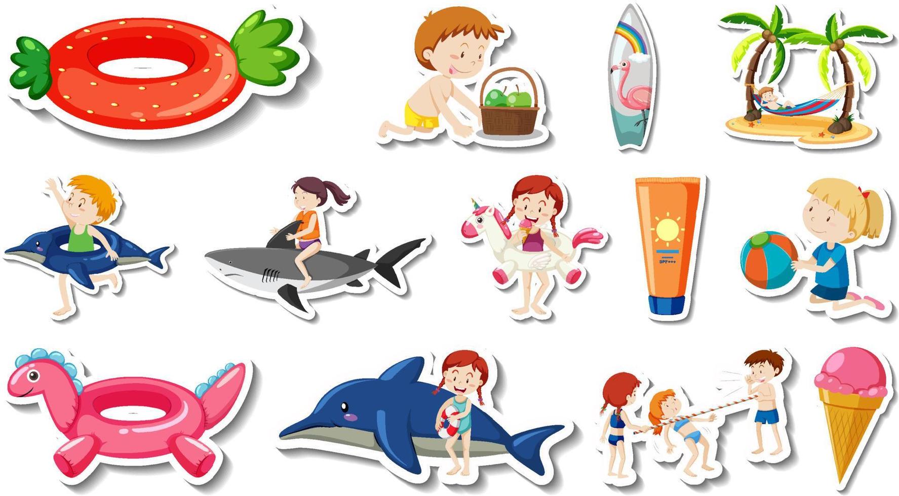 Set of summer beach items and children vector