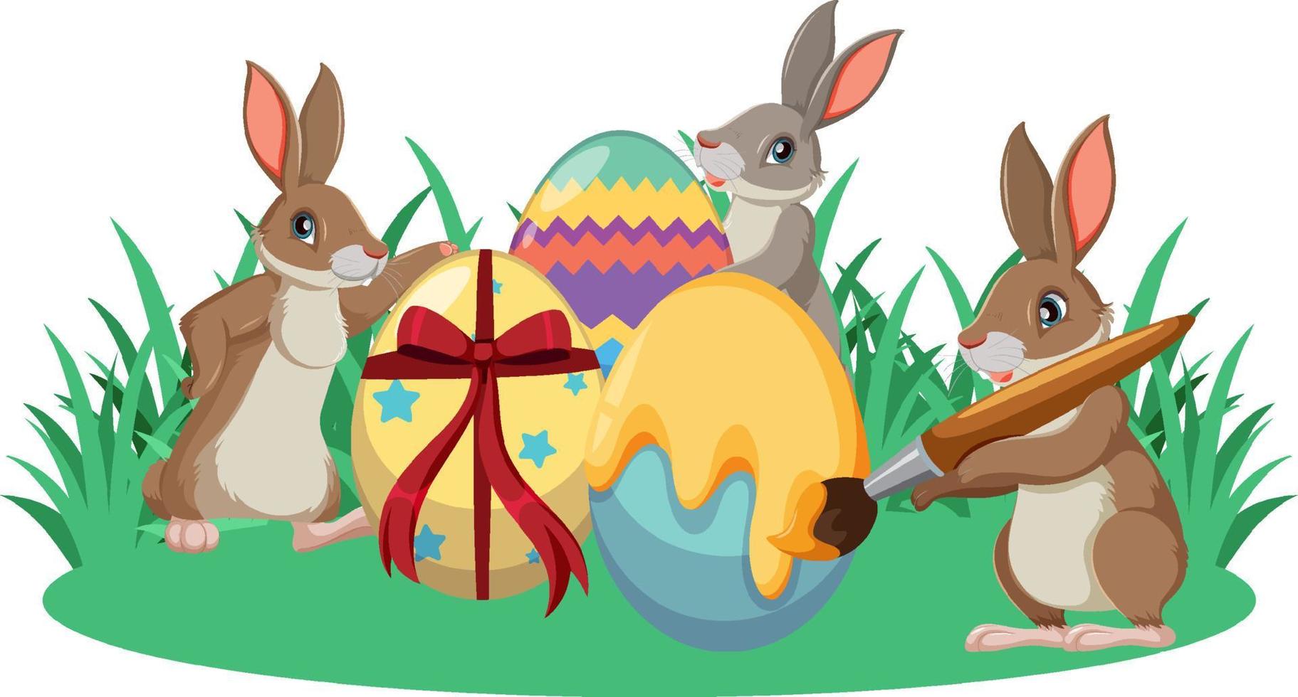 Easter bunnies painting eggs in garden vector
