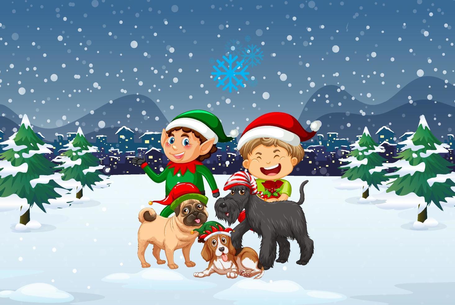 Snowy christmas night scene with elves and dogs vector