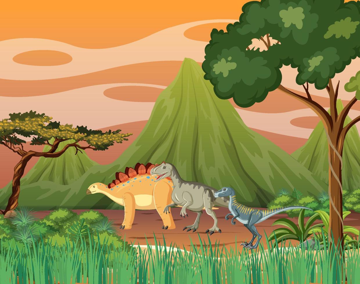 dinosaurio en la escena del bosque prehistórico vector