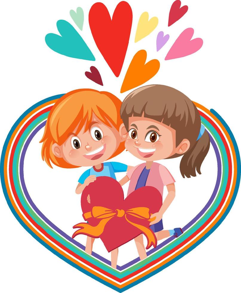 dibujos animados de dos niños en forma de corazón de arco iris vector