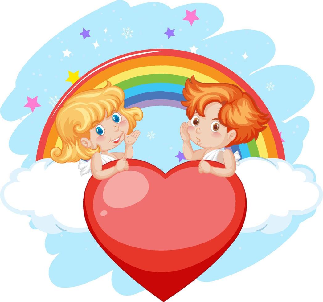 Angel boy and girl on red heart with rainbow vector