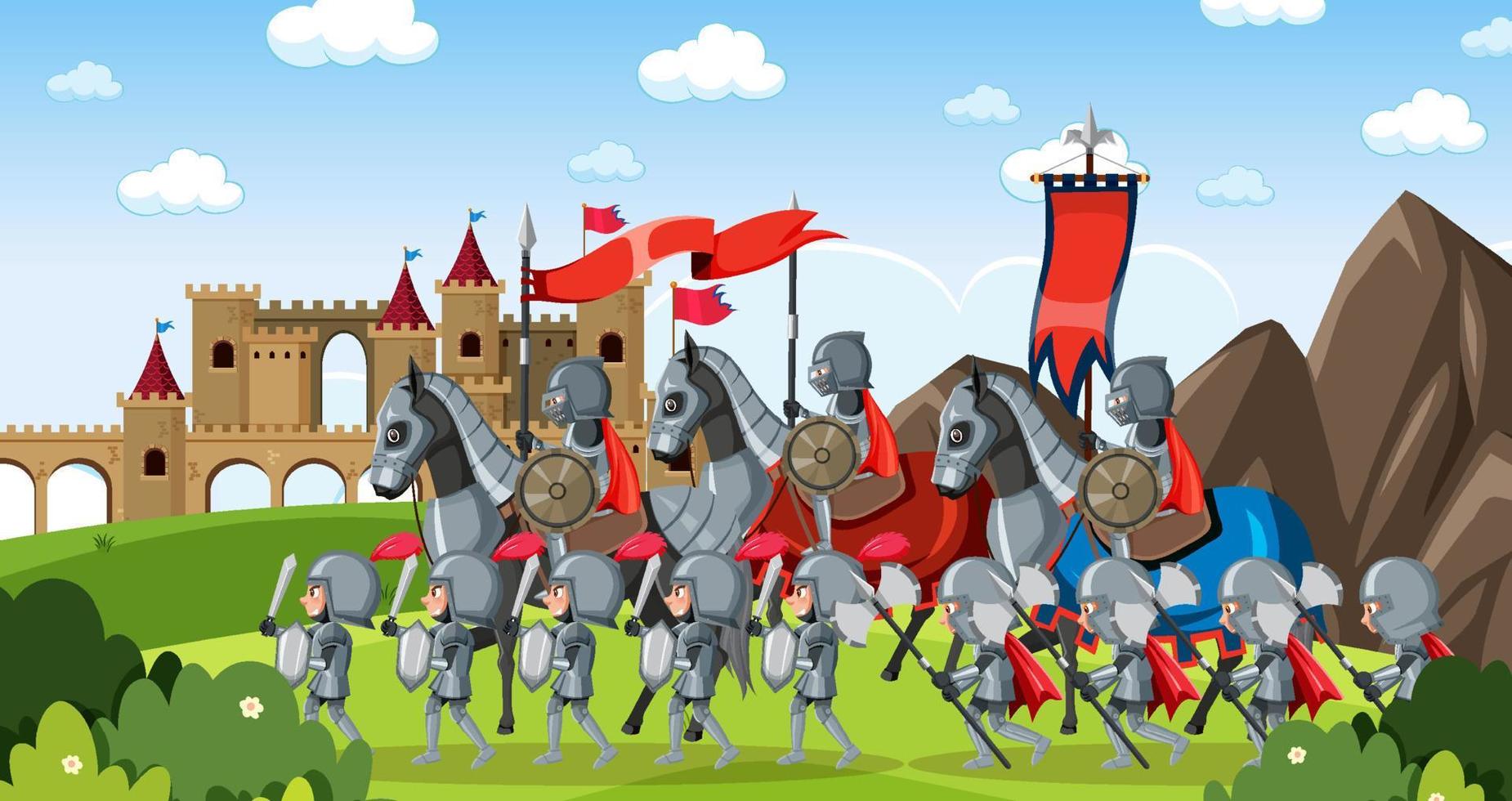 escena al aire libre medieval con el ejército de caballeros blindados vector