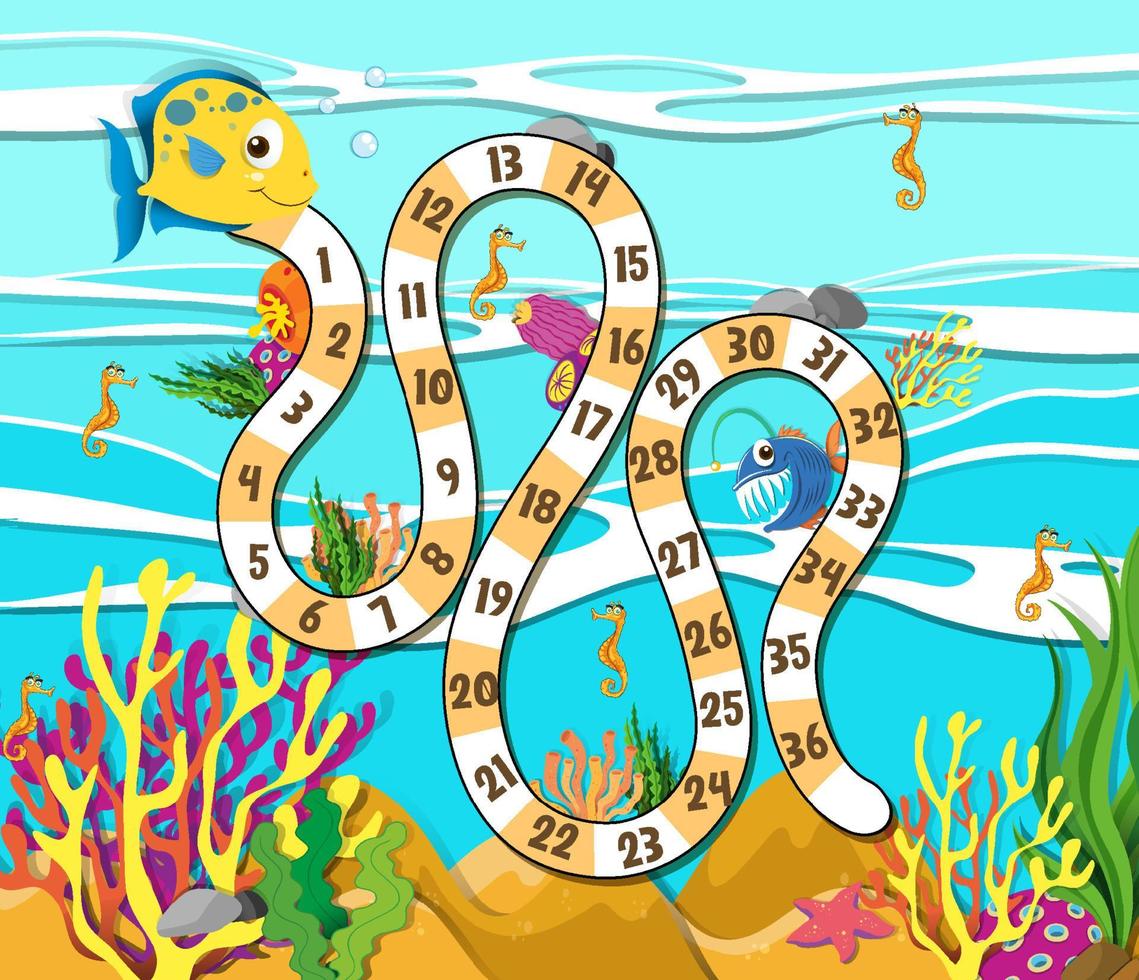 Snake and ladders game template with underwater theme vector