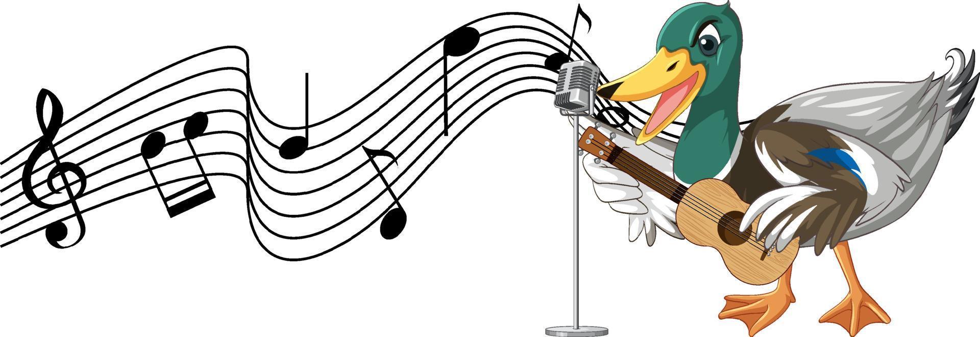 el pato toca la guitarra, el ukelele con nota musical vector