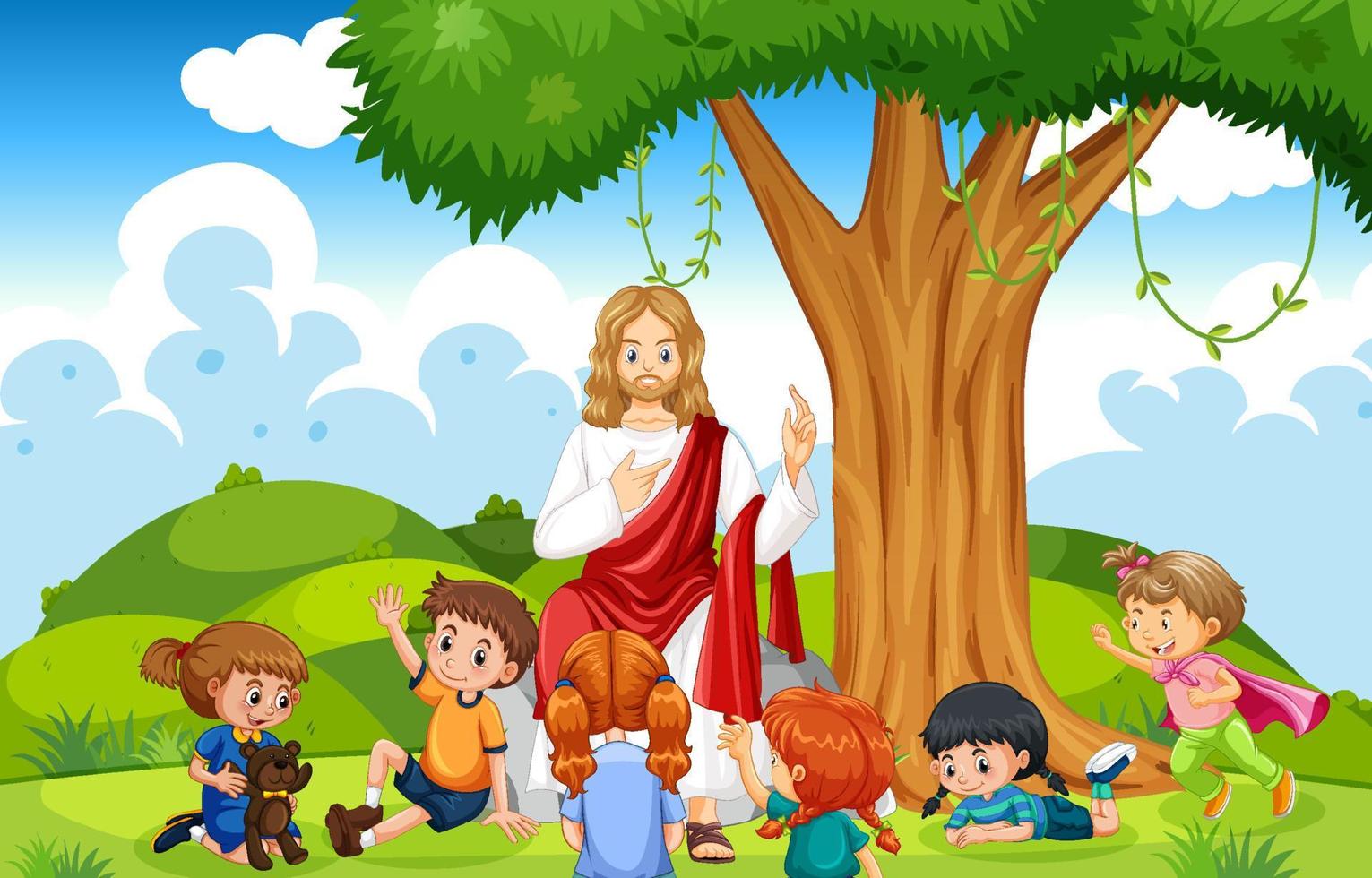 Jesus and children at the park vector