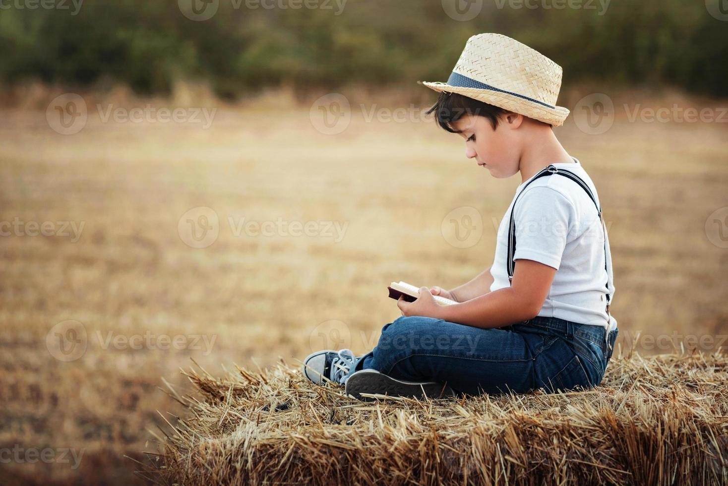 Boy reading a book in the field photo