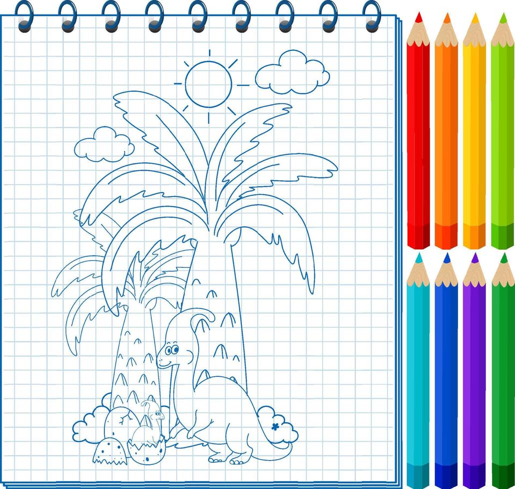 un cuaderno con un dibujo de garabato y lápices de colores vector