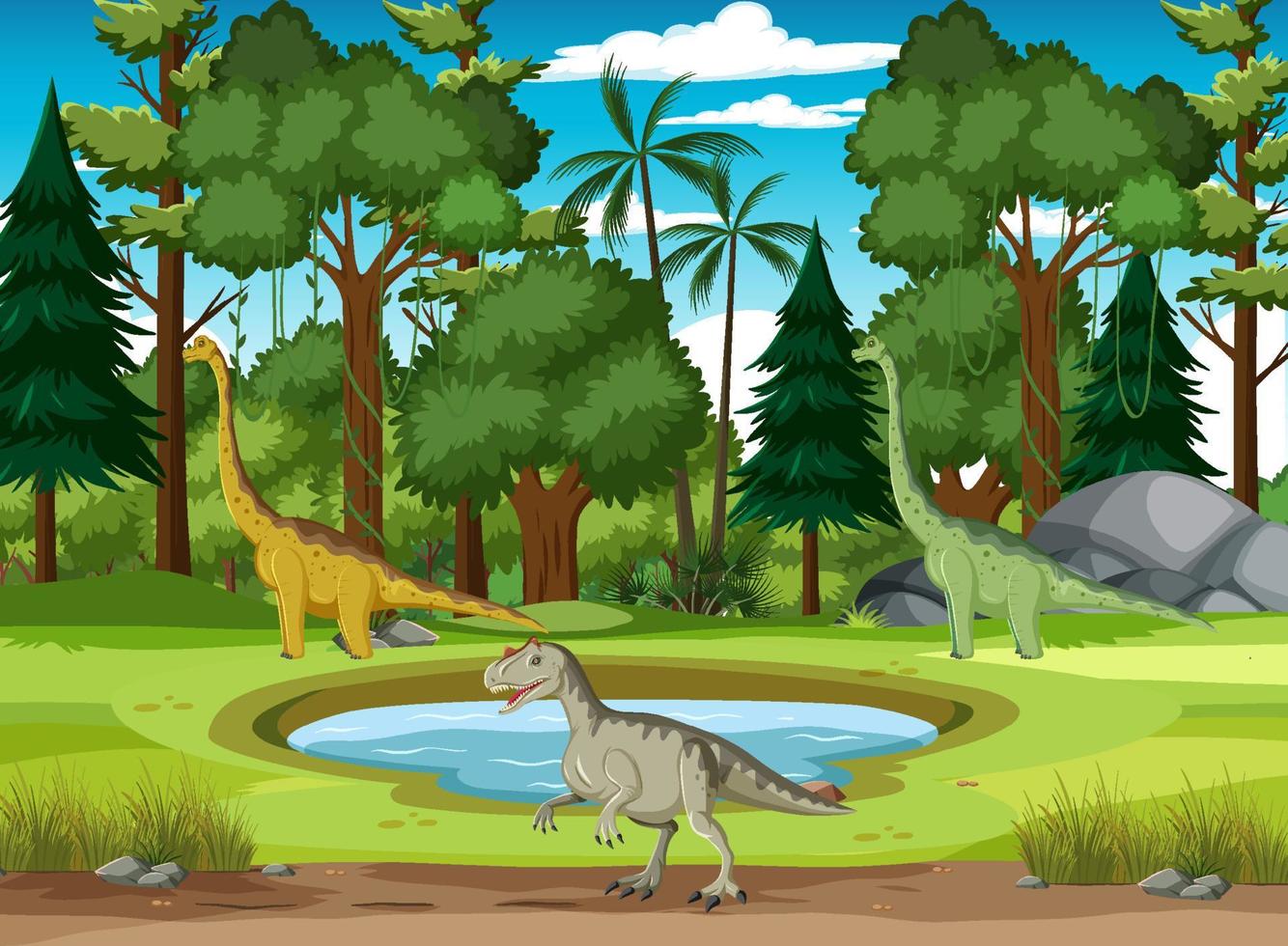 dinosaurio en la escena del bosque prehistórico vector