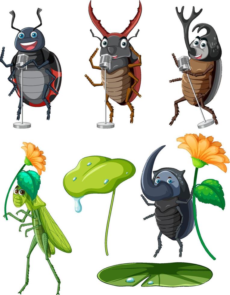 Set of different insects and beetles in cartoon style vector