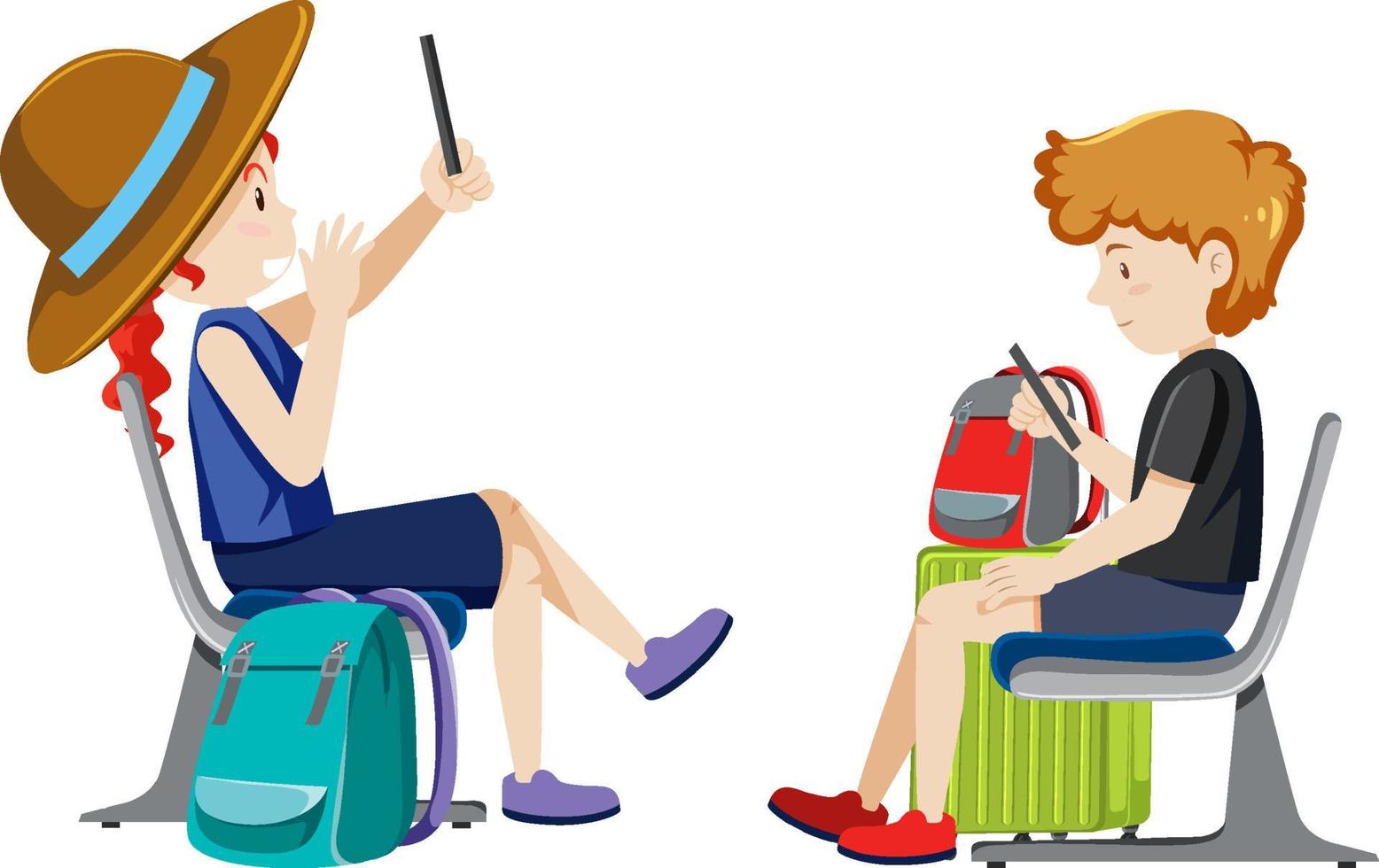 Two travellers sitting and using mobile phone vector