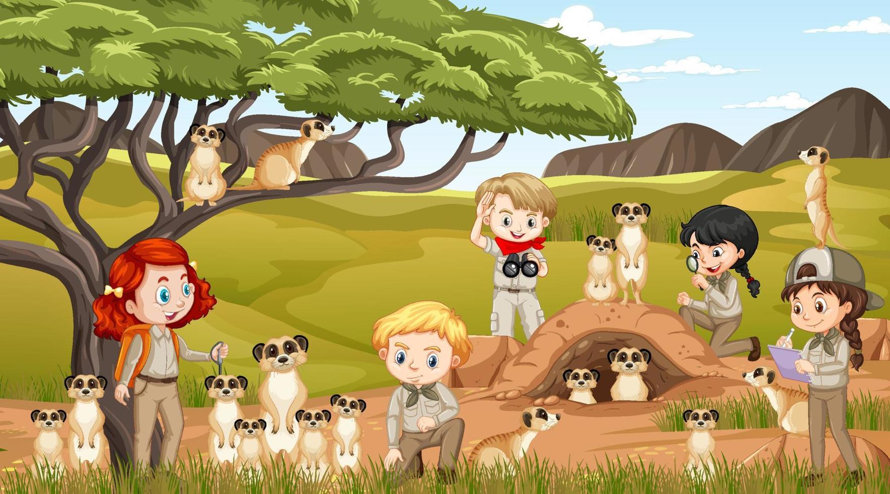 Children with meerkats in savanna forest vector