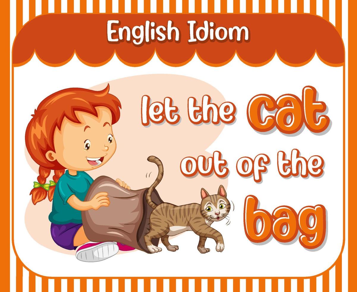 modismo en inglés con dejar que el gato salga de la bolsa vector