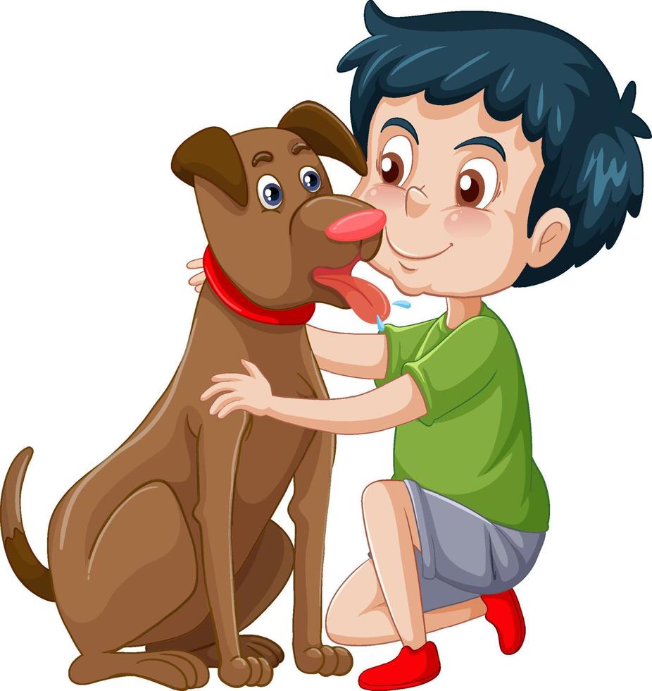 A happy boy sitting on the floor and pets dog vector