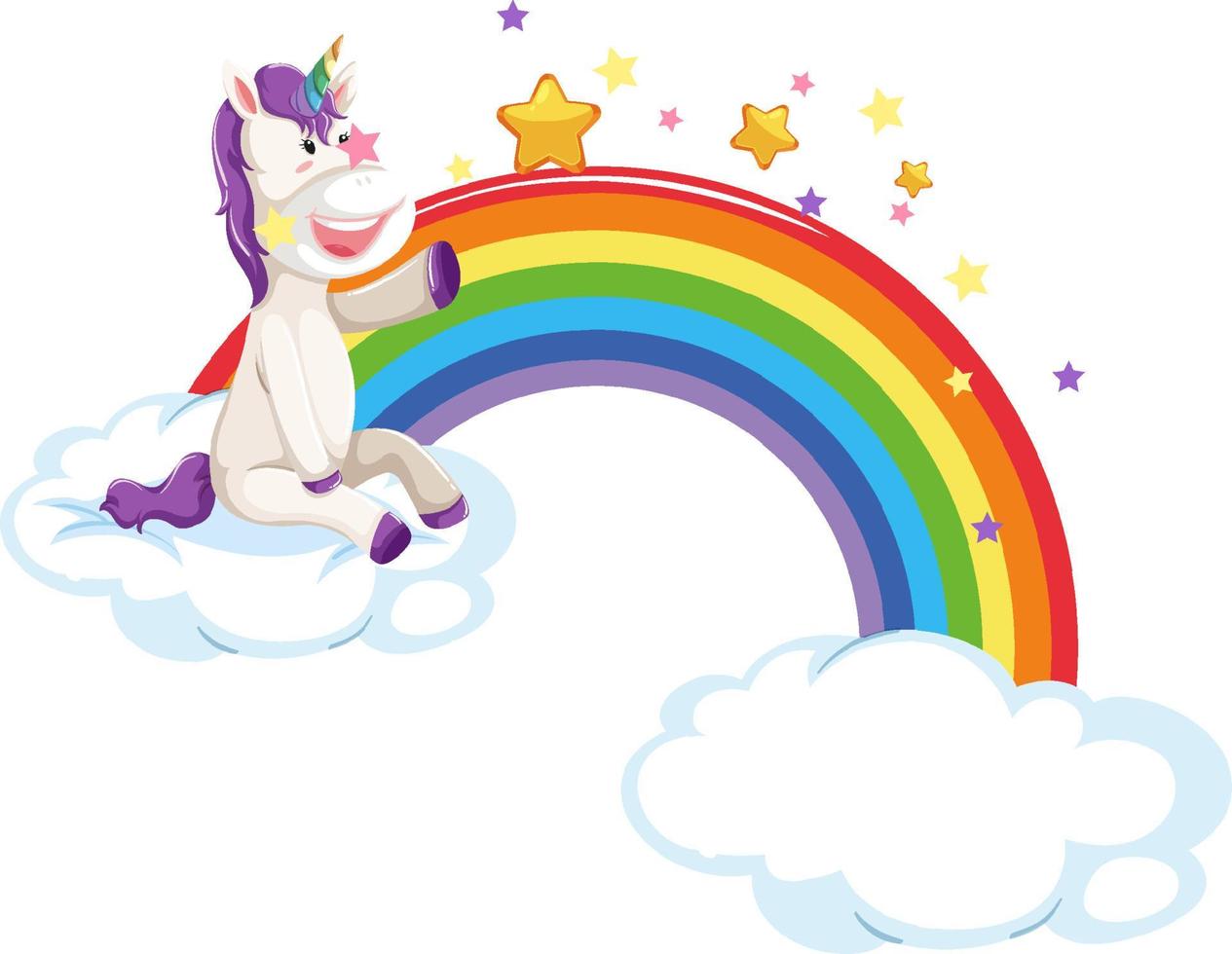 unicornio sentado en una nube con arco iris en estilo de dibujos animados vector