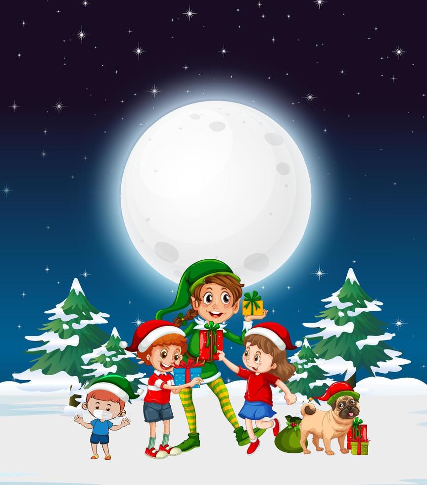 noche de invierno nevada con duende navideño y niños vector