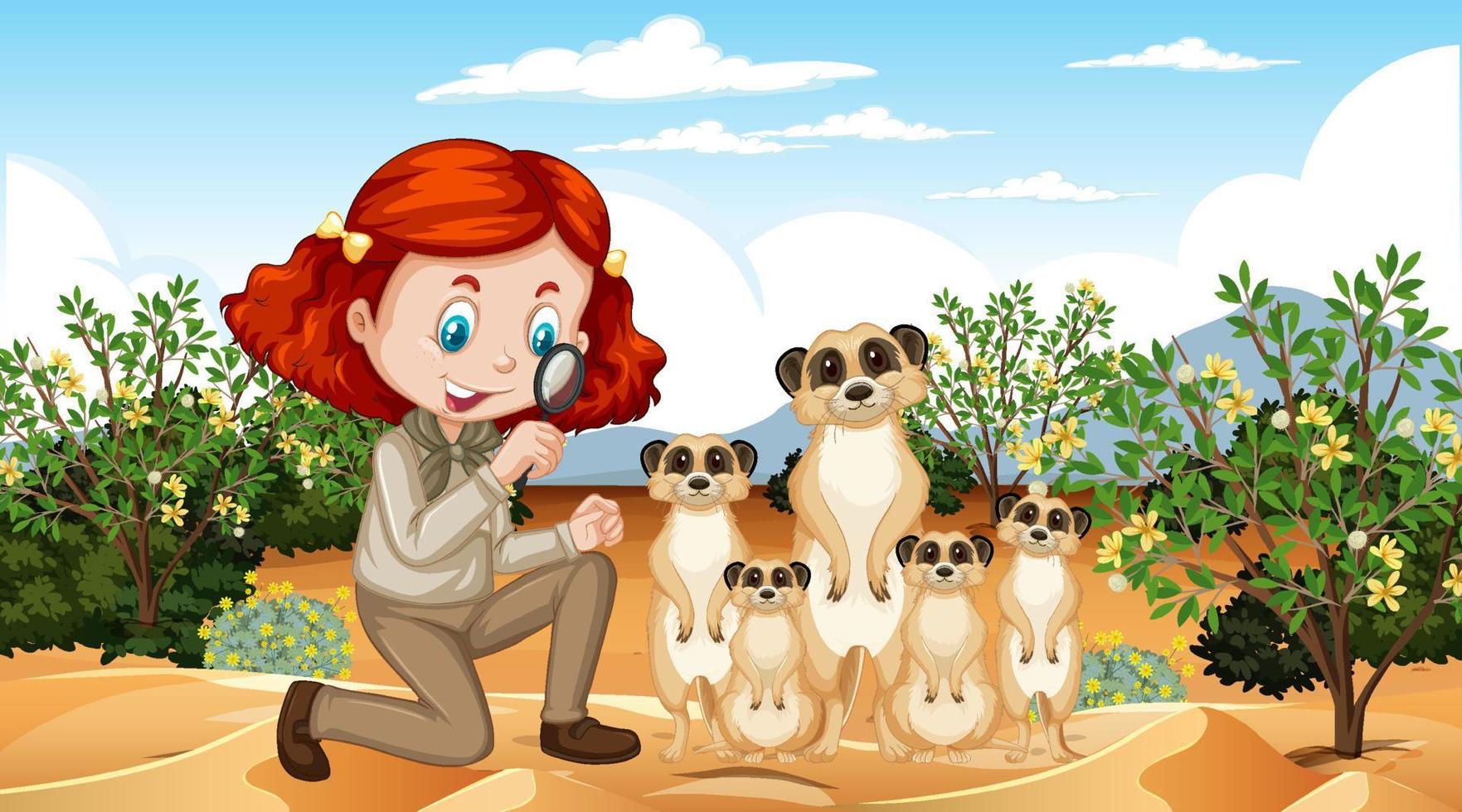 A girl explorer with meerkat group in desert forest vector