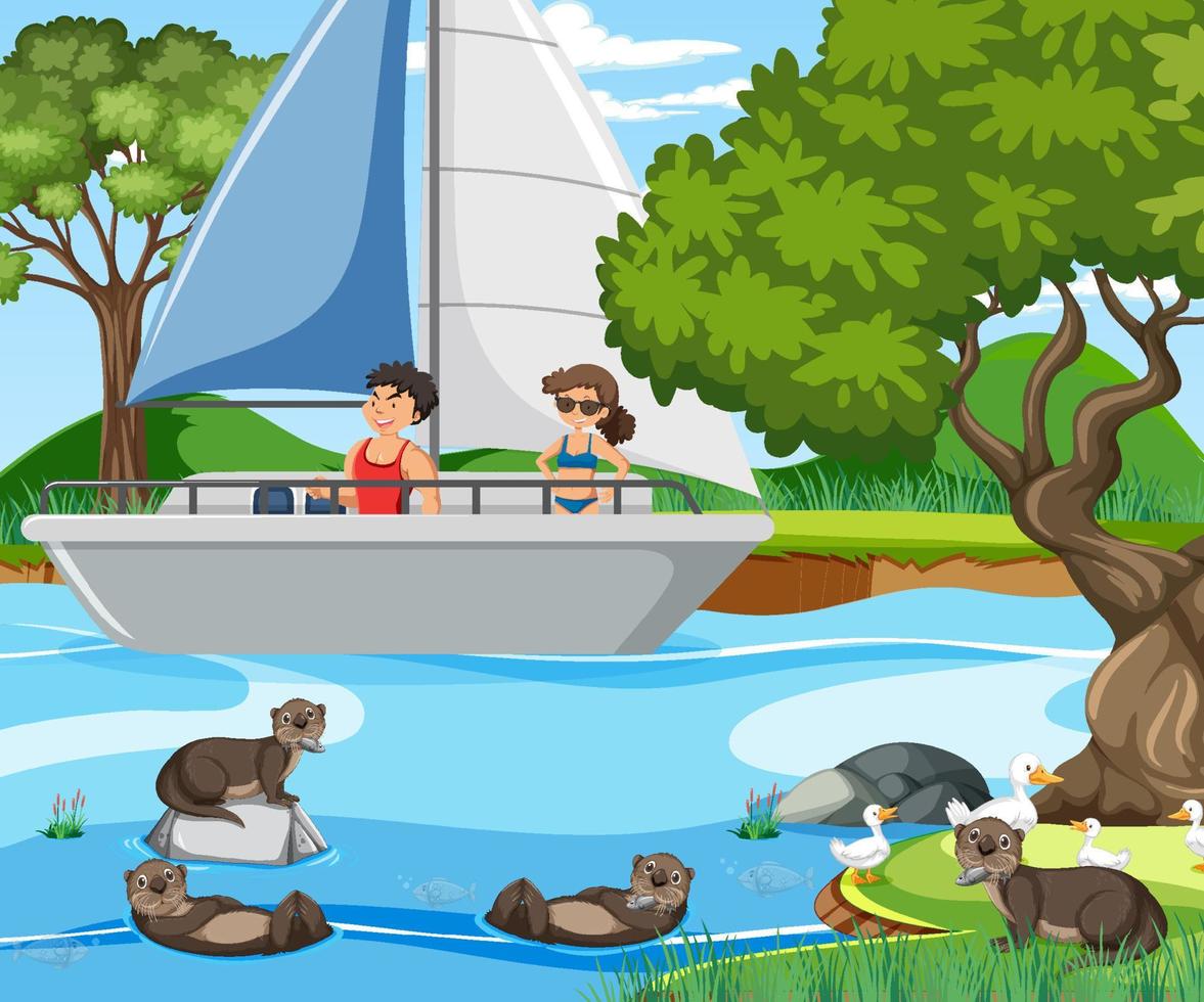River forest scene with traveller on a sailboat vector